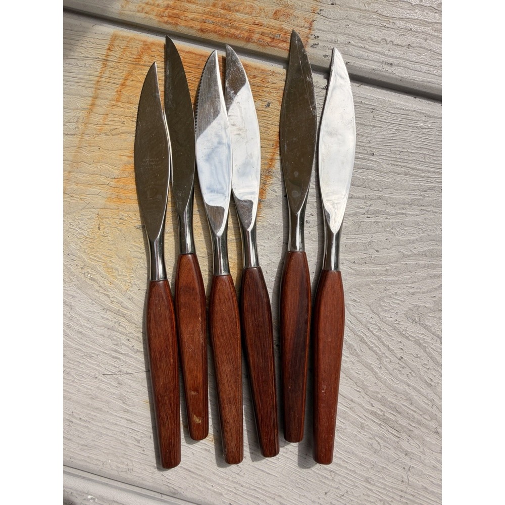 Vintage Mid-Century Modern Teak Steak Knives Set of 6 | MCM Stainless Steel